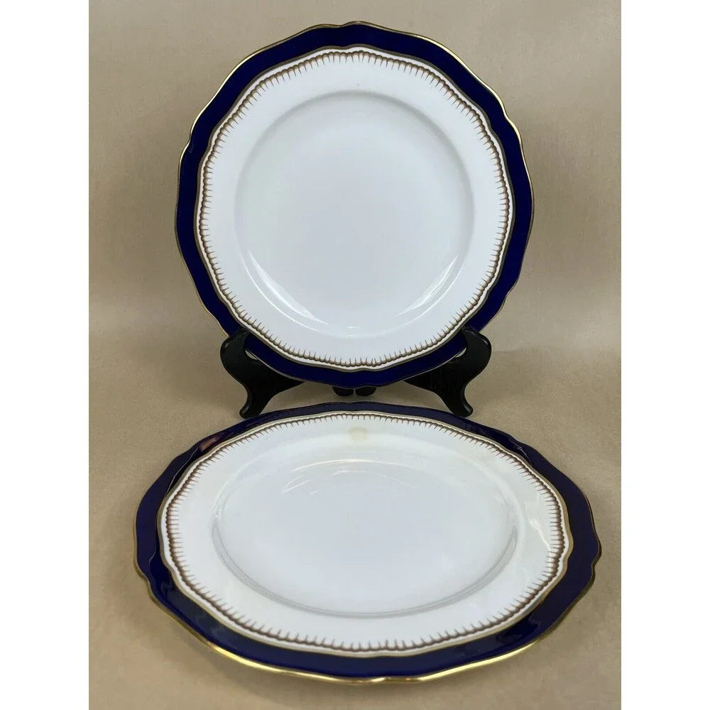 2 HTF Antique Spode Copeland‎ Cobalt Blue Gold Trim R7767 Dinner Plate 9 3/4”